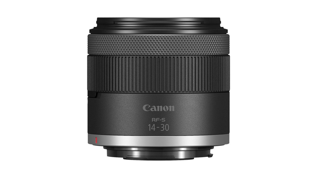 The Canon RF-S 14-30mm f/4-6.3 IS STM PZ against a white background