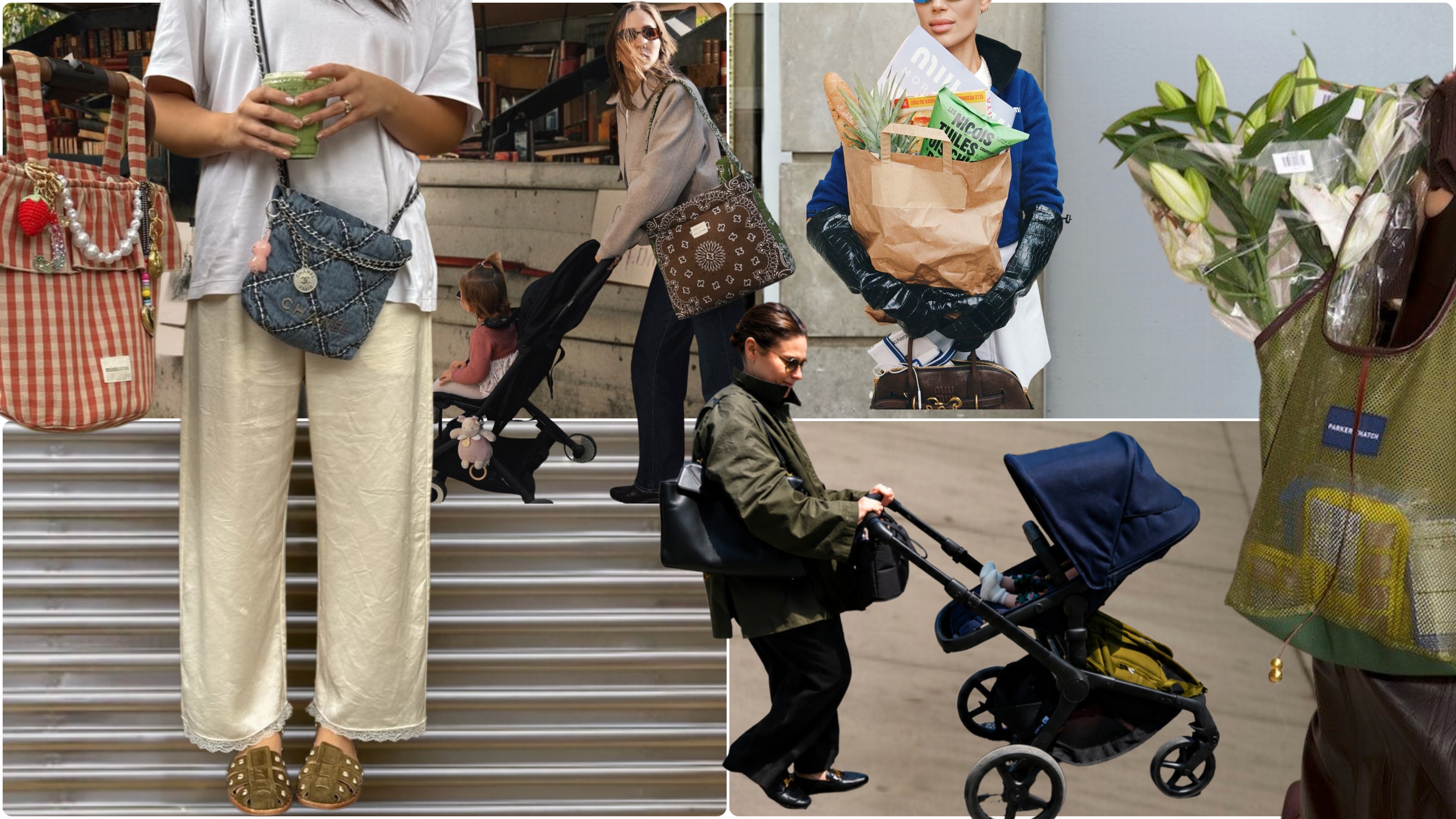 collage of moms carrying bags