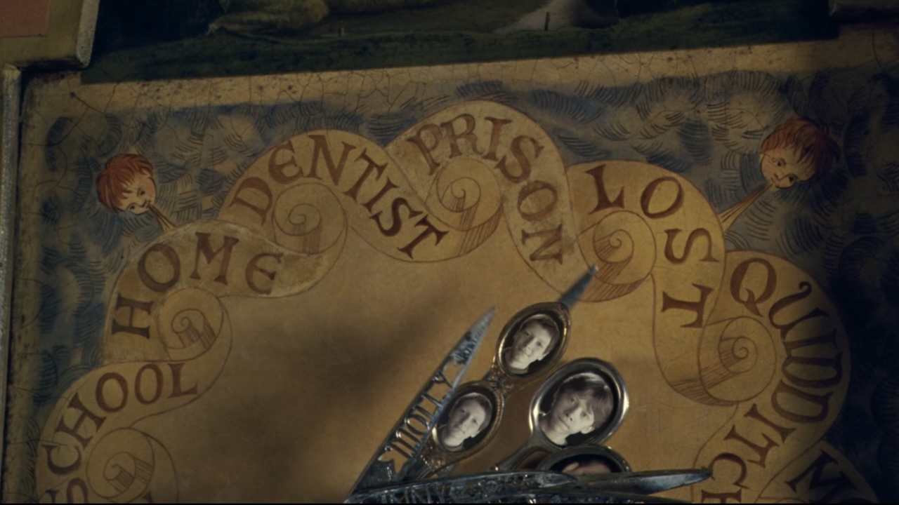 Some locations and situations (dentist, prison, lost, school) visible on Molly Weasley's clock.