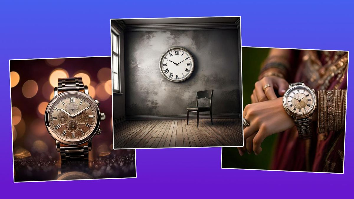 AI-generated images, created using Adobe Firefly. Left image depicts a product-style image of a watch on a bokeh-filled background. Middle image depicts empty room with only a chair and a clock on the wall. Right image depicts a woman&#039;s wrist with a watch on it. 