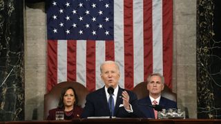 US President Joe Biden speaks during a State of the Union address at the US Capitol in Washington, DC, US, on Tuesday, Feb. 7, 2023. Biden is speaking against the backdrop of renewed tensions with China and a brewing showdown with House Republicans over raising the federal debt ceiling. 