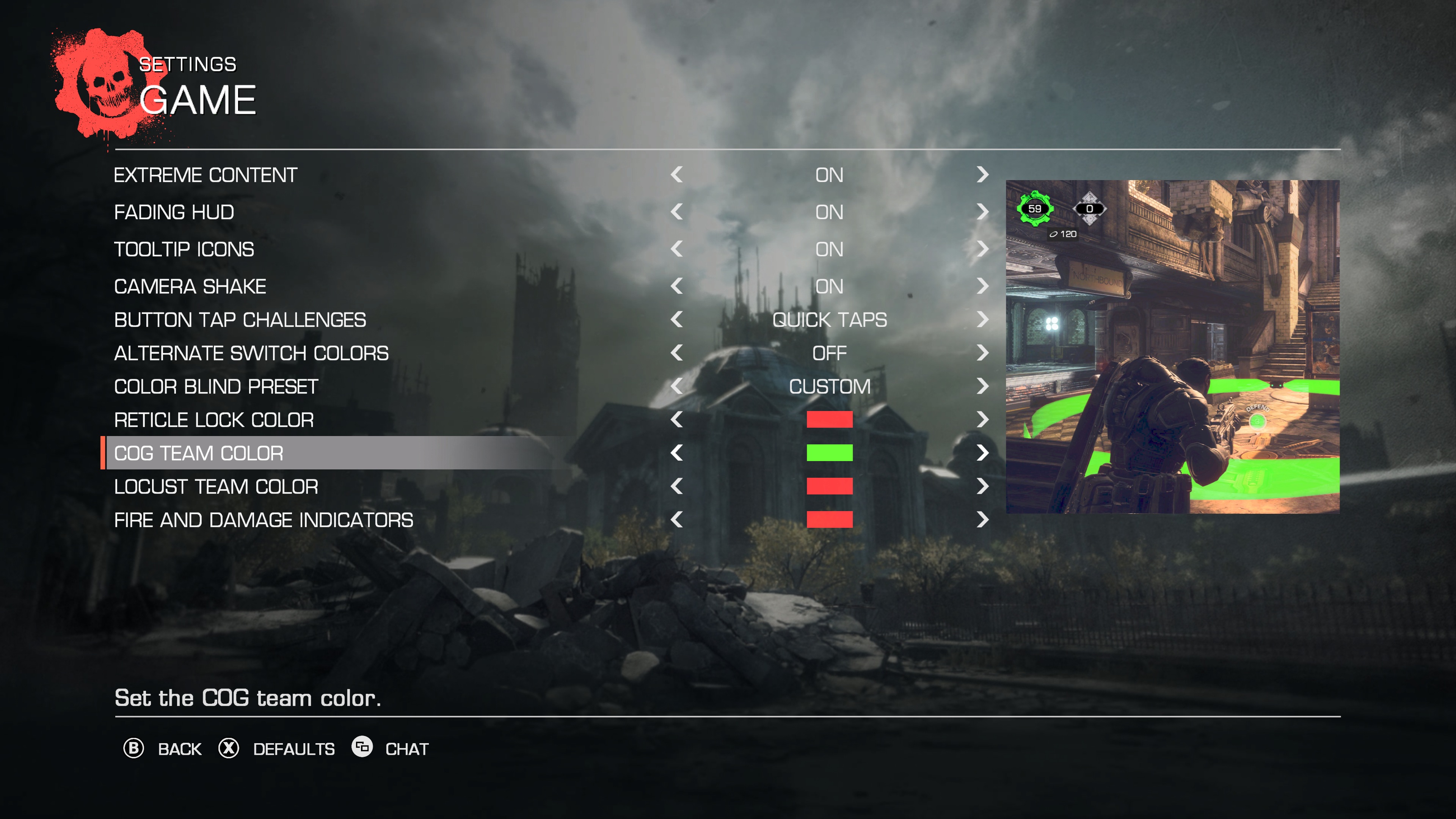 Settings menu in Gears of War: Reloaded