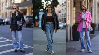 Three women walking in the street showing how to style boyfriend jeans with a blazer