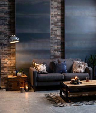 Dark living room with concrete floors