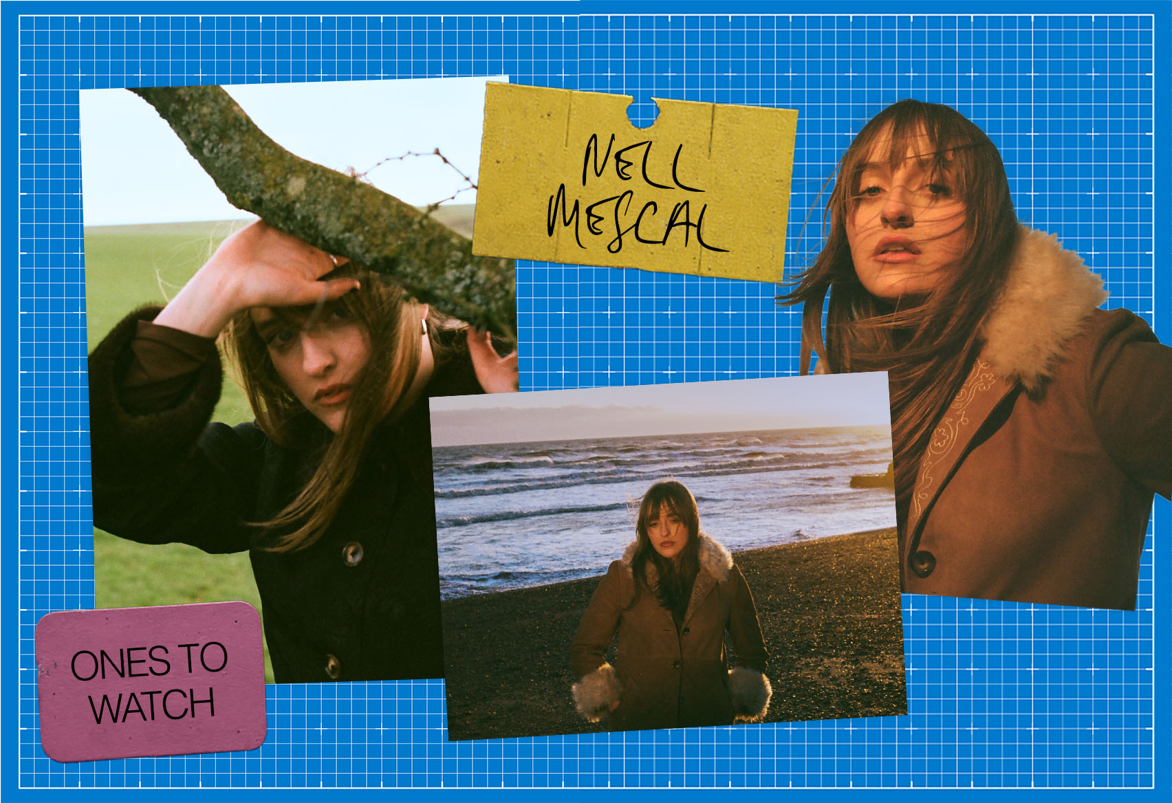A slide featuring a collage of images of musician Nell Mescal on a blue background for our Ones to Watch in Music portfolio.
