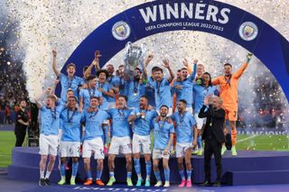 Manchester City players celebrate their Champions League final win over Inter at the Ataturk Olympic Stadium in Istanbul in 2023.