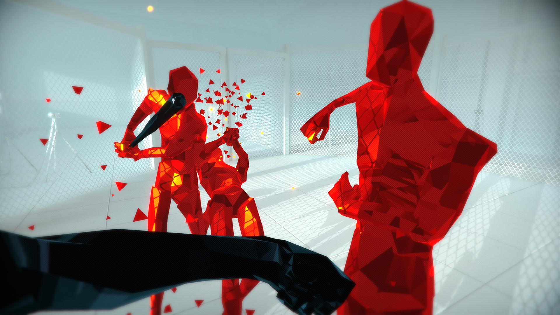 A group of red figures in Superhot attacking the player
