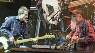 John Paul Jones and Seasick Steve perform on stage during Fairport's Cropredy Convention at Cropredy on August 12, 2011 in Banbury, United Kingdom.