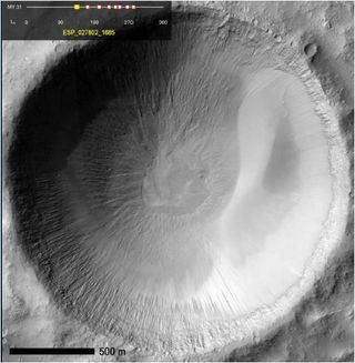 Recurring slope lineae (RSL) seep in Garni crater on the floor of Mars' Melas Chasm.