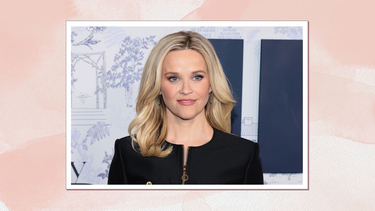 Reese Witherspoon is pictured wearing muted berry lipstick and a black top at the &quot;You&#039;re Cordially Invited&quot; New York screening at Jazz at Lincoln Center on January 28, 2025, in New York City/ in a pink watercolour paint-style template