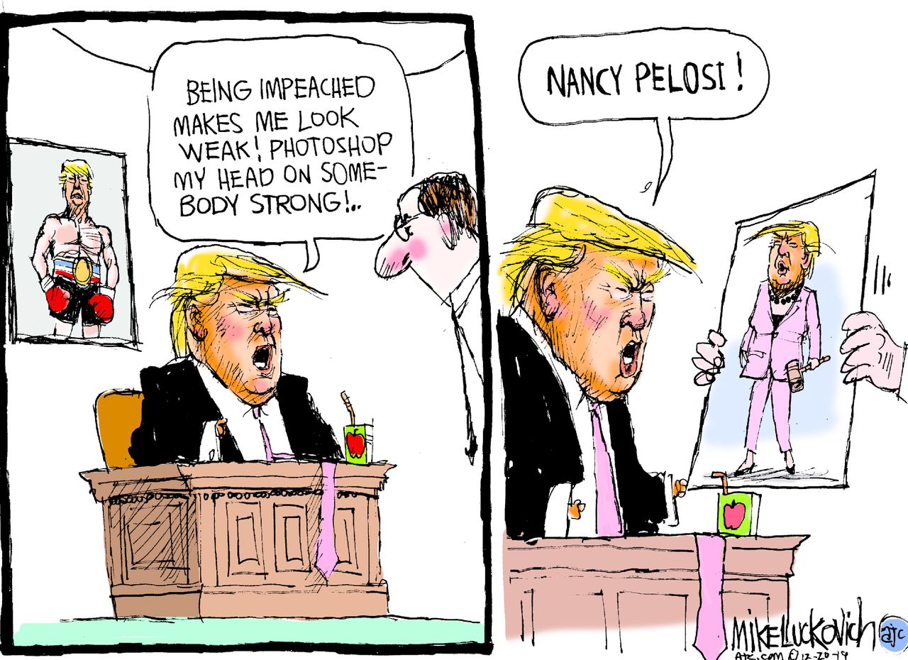 Political Cartoon U.S. Trump Rocky Tweet Impeachment Nancy Pelosi