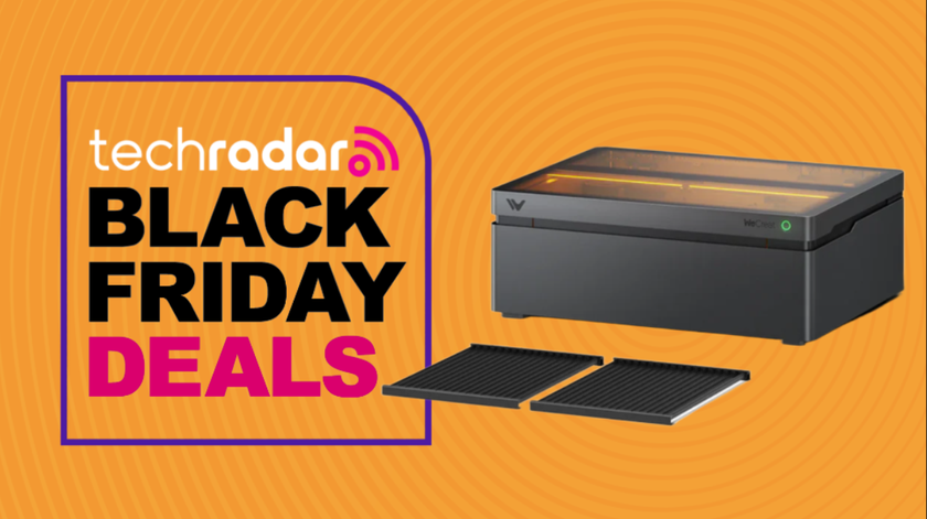 The WeCreat Vision Pro laser cutter on an orange background next to a TechRadar badge reading &#039;Black Friday deals&#039;