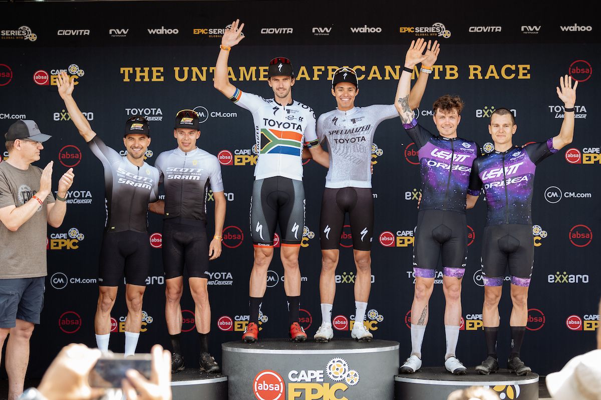 Mens Podium L-R, Teams SCOTT-SRAM MTB Racing, Toyota-Specialized-NinetyOne, ORBEA x Leatt x Speed Company during the Prologue of the 2023 Absa Cape Epic Mountain Bike stage race held at Meerendal Wine Estate, Durbanville, Cape Town, South Africa on the 19th March 2023