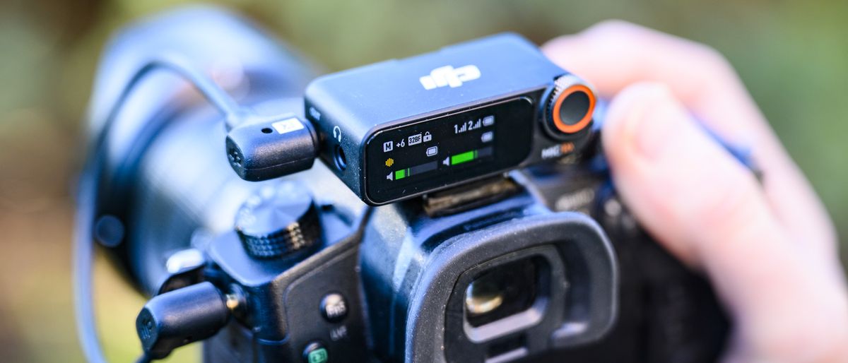 DJI Mic 2 receiver attached to a mirrorless camera