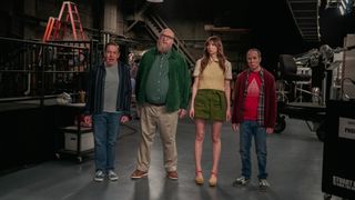 Stuart, Denise, Kripke, and Bert exit the studio in the Season 1 finale of Stuart Fails To Save The Universe.