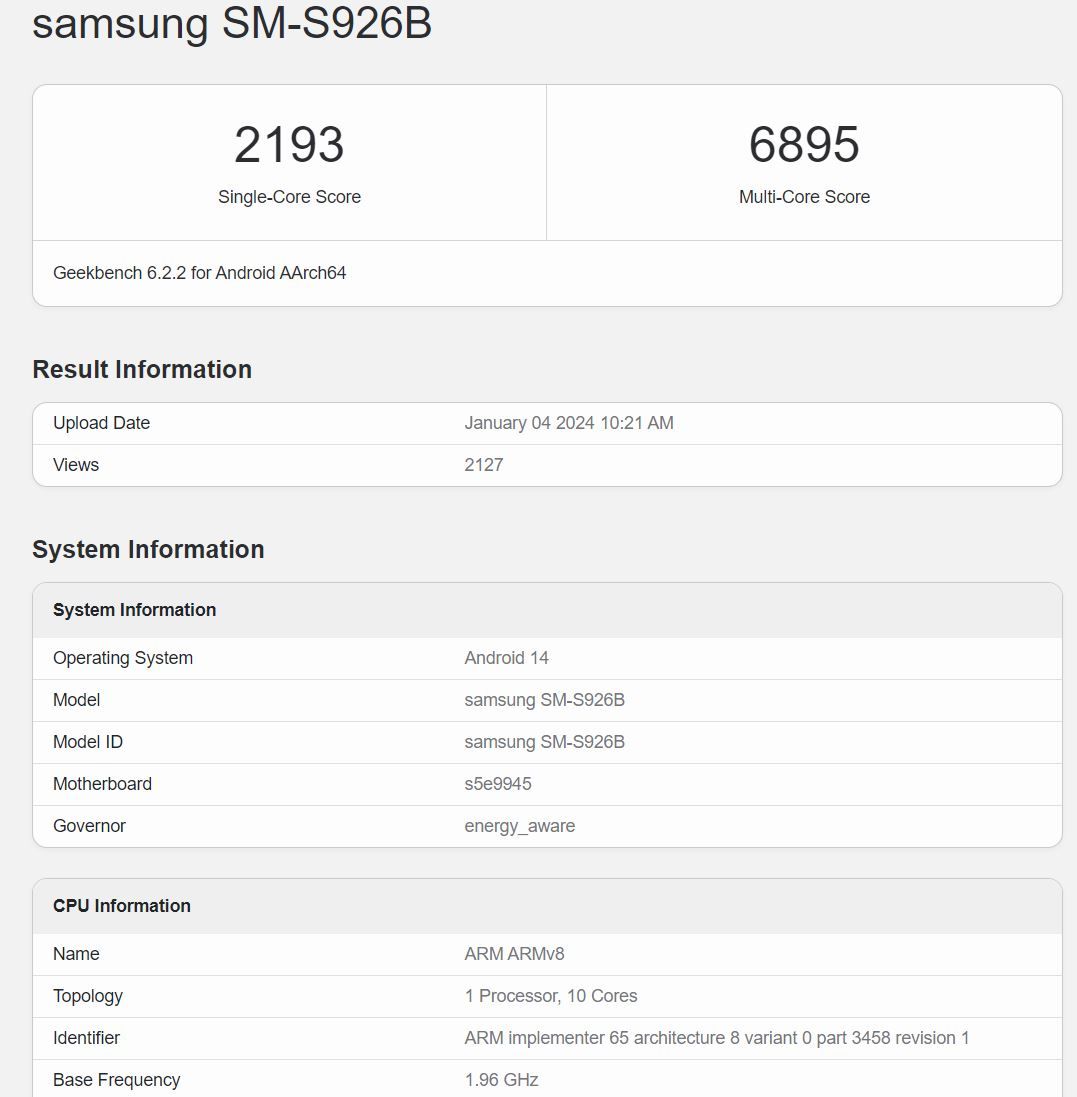 Screen shots of Samsung Galaxy S24 scores