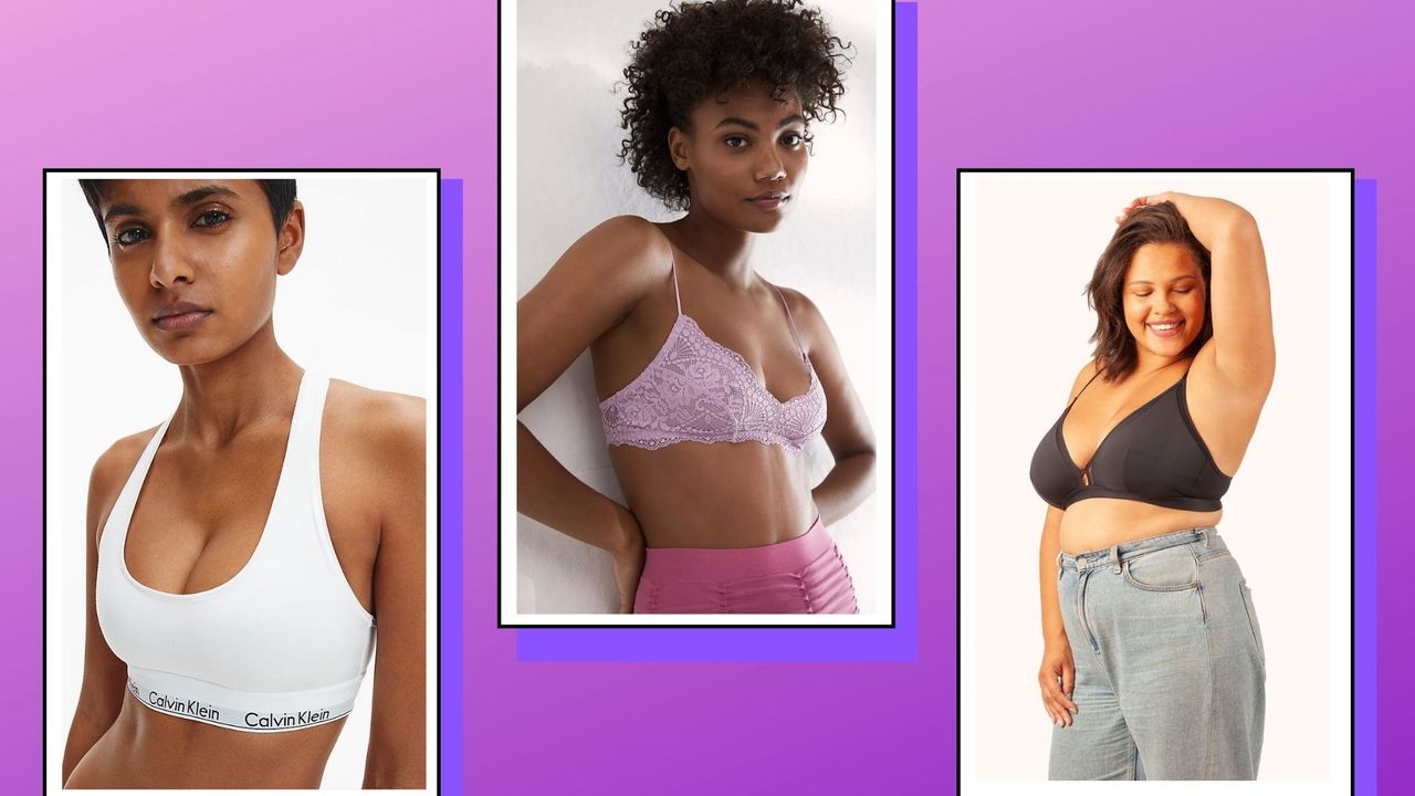 a collage image of three of the best bralettes in MIL&#039;s round-up, from Figleaves, Calvin Klein and Lively