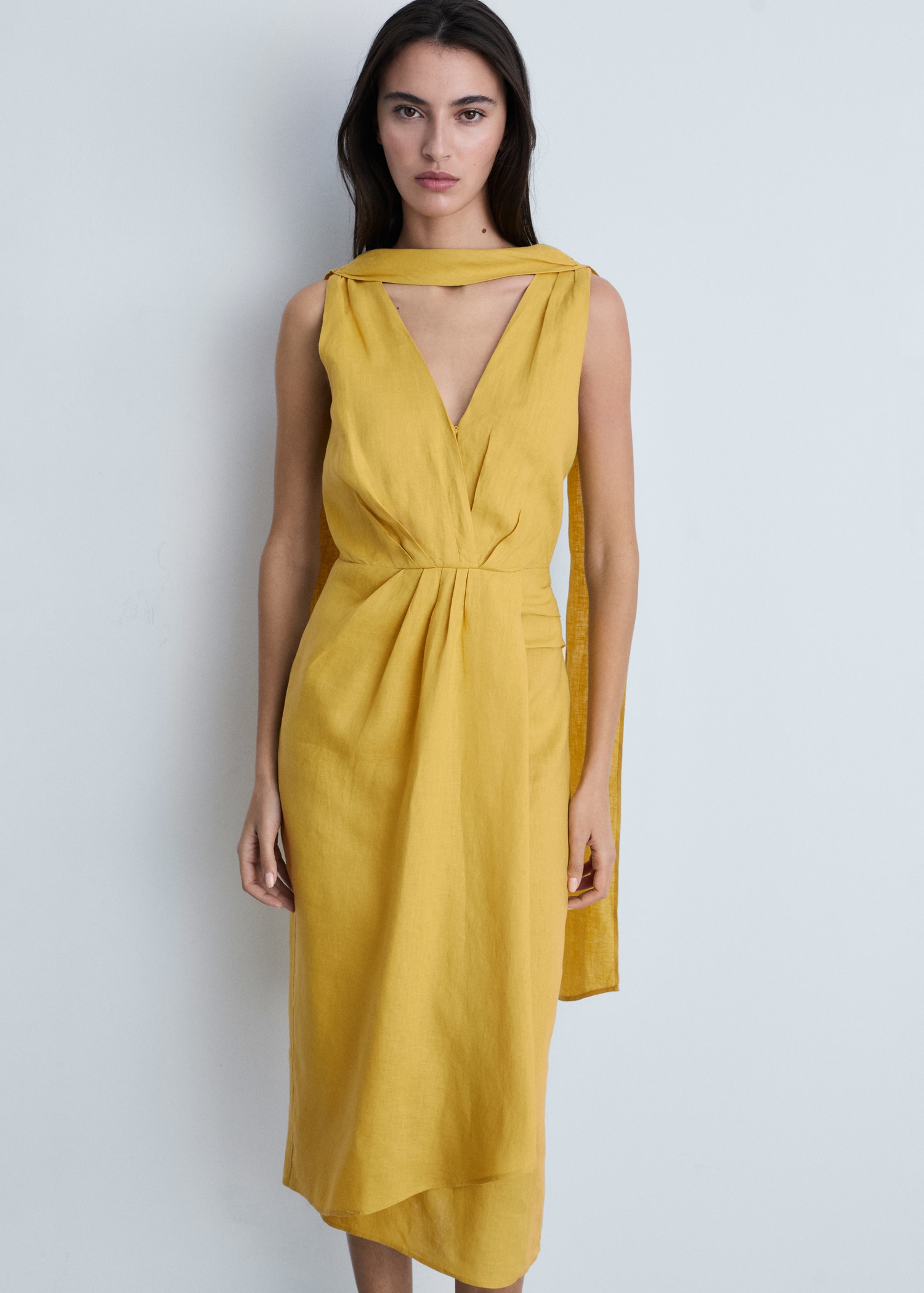 MANGO, Linen Pleated Midi-Dress