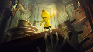 The Little Nightmares main character stands on a shelf as hands grasp beneath them