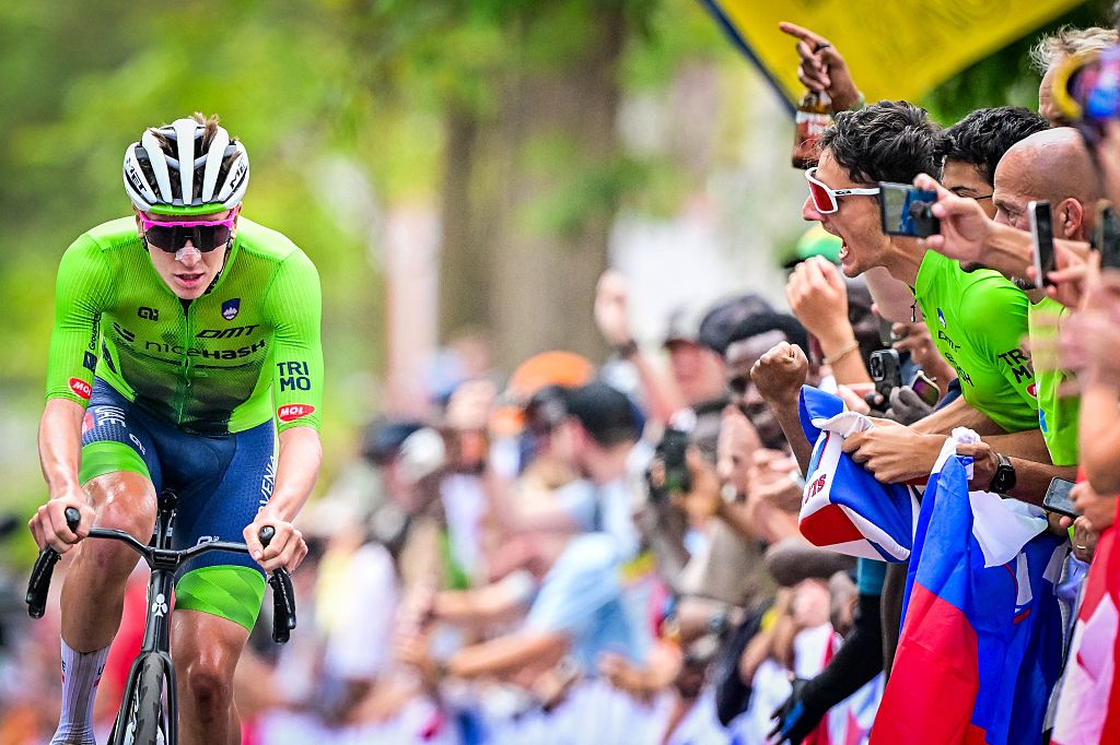 Slovenian Tadej Pogacar pictured in action during the elite men road race (267,5 km) at the cycling road World Championships in Kigali, Rwanda, Sunday 28 September 2025. The 2025 UCI Road World Championships take place from 21 to 28 September in Kigali, Rwanda. BELGA PHOTO DIRK WAEM (Photo by DIRK WAEM / BELGA MAG / Belga via AFP)