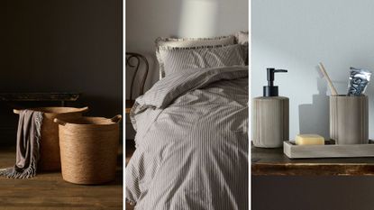 Split image of woven storage baskets, striped bedlinen and a bathroom caddy