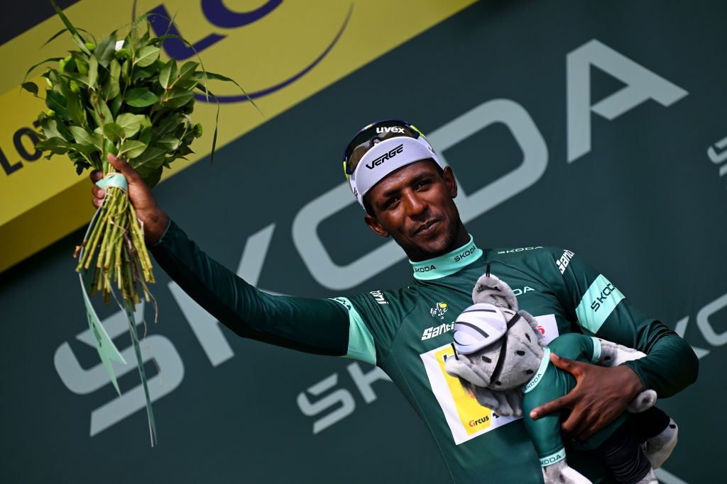 VILLENEUVESURLOT FRANCE JULY 11 Biniam Girmay of Eritrea and Team Intermarche Wanty Green Sprint Jersey celebrates at podium during the 111th Tour de France 2024 Stage 12 a 2036km stage from Aurillac to VilleneuvesurLot UCIWT on July 11 2024 in VilleneuvesurLot France Photo by Tim de WaeleGetty Images