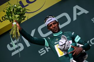 VILLENEUVESURLOT FRANCE JULY 11 Biniam Girmay of Eritrea and Team Intermarche Wanty Green Sprint Jersey celebrates at podium during the 111th Tour de France 2024 Stage 12 a 2036km stage from Aurillac to VilleneuvesurLot UCIWT on July 11 2024 in VilleneuvesurLot France Photo by Tim de WaeleGetty Images