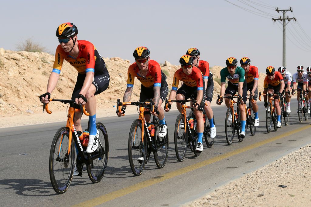 ALMUZAHMIYA SAUDI ARABIA FEBRUARY 07 Grega Bole of Slovenia and Team BahrainMclaren Phil Bauhaus of Germany and Team BahrainMclaren Green Leader Jersey Jan Tratnik of Slovenia and Team BahrainMclaren Heinrich Haussler of Australia and Team BahrainMclaren Mark Cavendish of United Kingdom and Team BahrainMclaren Peloton during the 1st Saudi Tour 2020 Stage 4 a 137km stage from Wadi Namar Park to Al Muzahimiyah King Saud University SaudiTour on February 07 2020 in AlMuzahmiya Saudi Arabia Photo by Stuart FranklinGetty Images