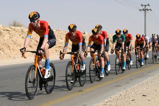 ALMUZAHMIYA SAUDI ARABIA FEBRUARY 07 Grega Bole of Slovenia and Team BahrainMclaren Phil Bauhaus of Germany and Team BahrainMclaren Green Leader Jersey Jan Tratnik of Slovenia and Team BahrainMclaren Heinrich Haussler of Australia and Team BahrainMclaren Mark Cavendish of United Kingdom and Team BahrainMclaren Peloton during the 1st Saudi Tour 2020 Stage 4 a 137km stage from Wadi Namar Park to Al Muzahimiyah King Saud University SaudiTour on February 07 2020 in AlMuzahmiya Saudi Arabia Photo by Stuart FranklinGetty Images