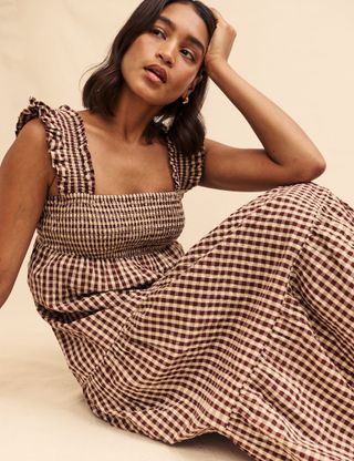 Nobody's Child, Brown Gingham Check Maya Smock Midi Dress