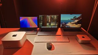 images of a MacBook Pro 13-inch, MacBook Pro 16-inch, MacBook Air 15-inch, Mac mini and Mac Studio in a photo studio