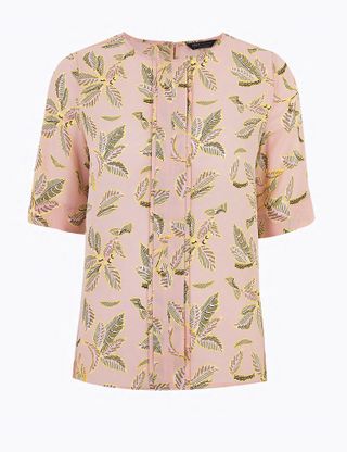 Printed Pleat Front Short Sleeve Blouse