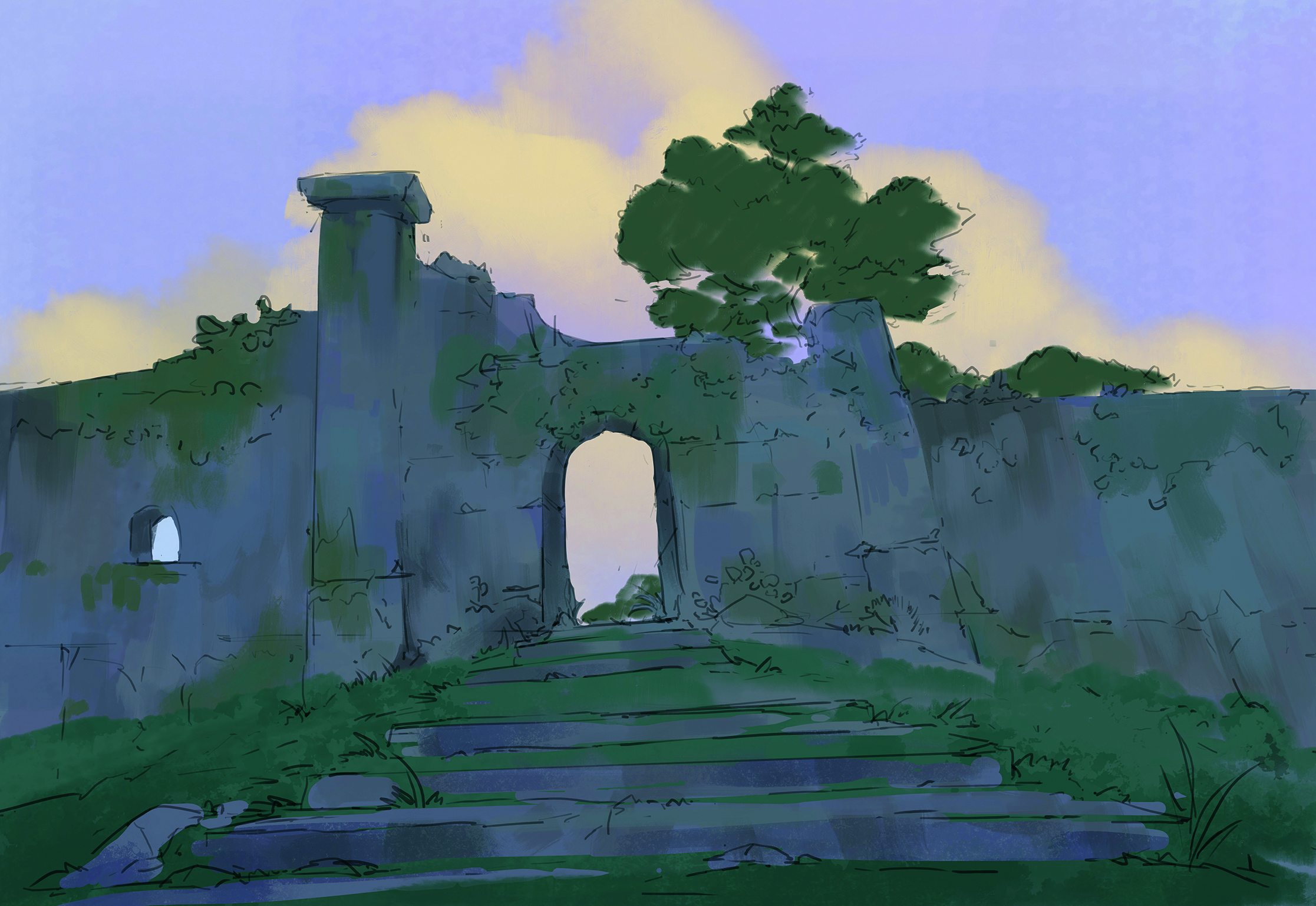 Digital art in progress from a matte painting tutorial
