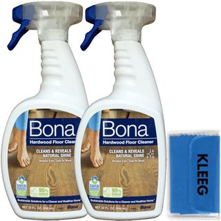 Two white plastic spray bottles of Bona hardwood floor cleaner and a blue cleaning cloth