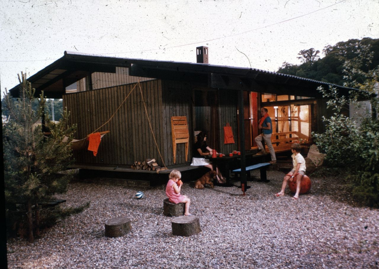 images from cabin crew, a new book on welsh modernist cabins showing small, low timber structures in the woods