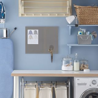 blue utility room with washing machine