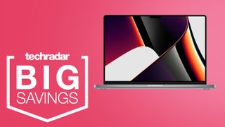 MacBook Pro on a pink background with a techradar big savings badge in the lower left corner.