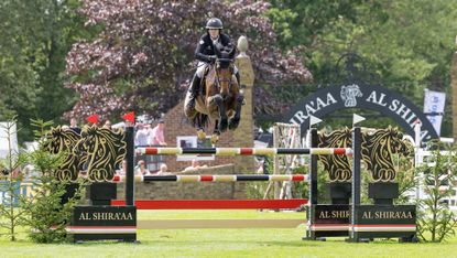 Sean Monaghan and Toyger jump an Al Shira'aa fence at Hickstead