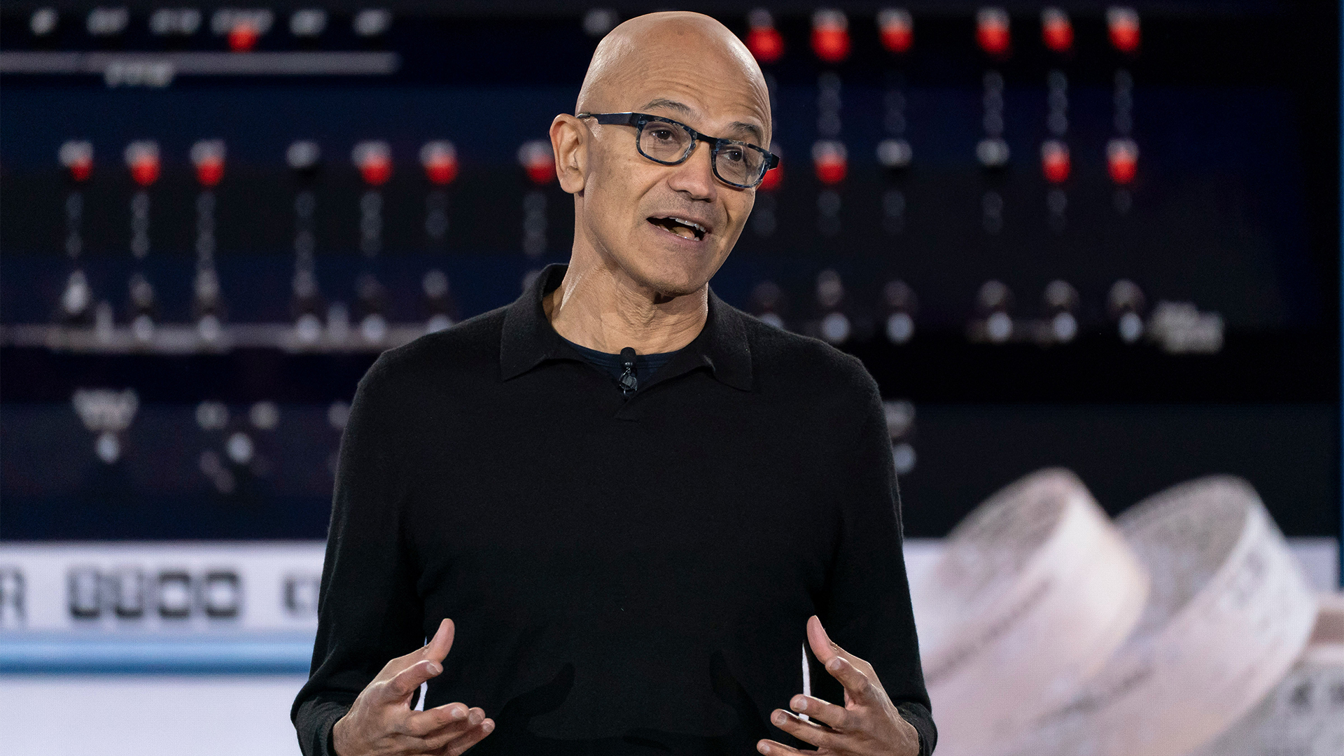 Microsoft CEO Satya Nadella speaks at the company's 50th anniversary event at its Redmond headquarters in Washington state, USA. 