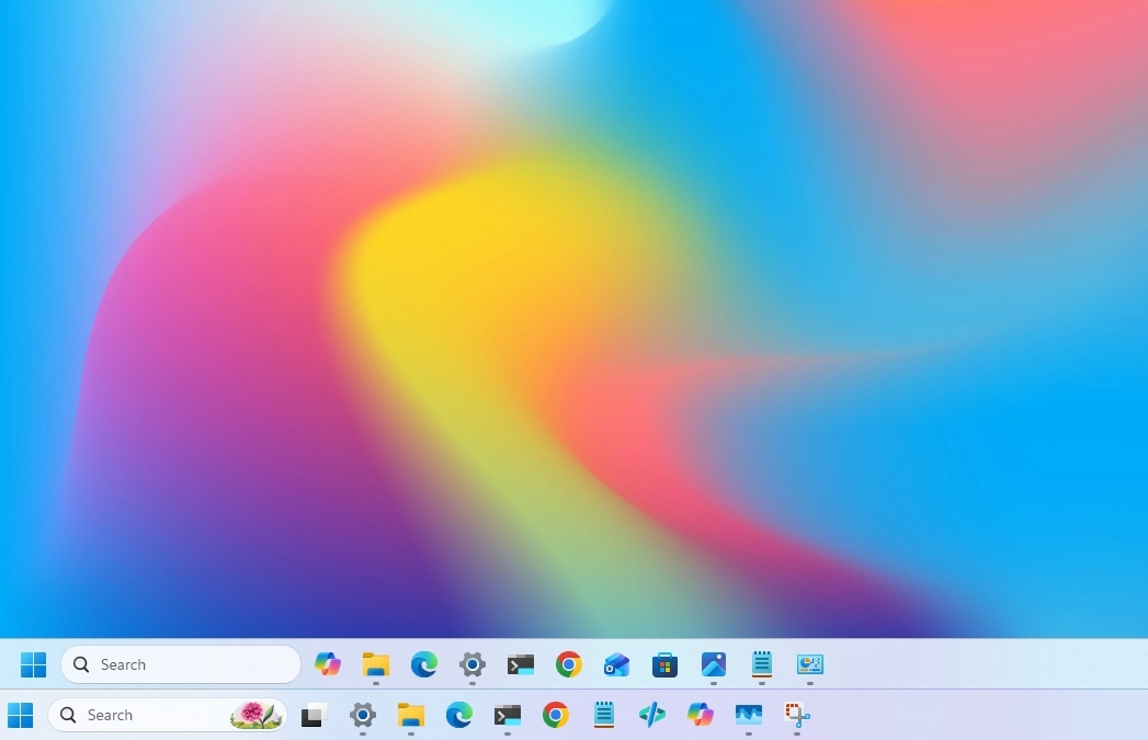 Windows 11 desktop showing the difference between the old and new search box in the taskbar.
