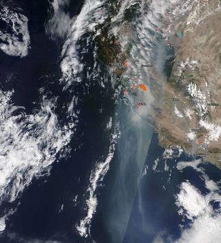 North California wildfires on Aug. 19, 2020, as seen by NASA's Terra satellite.