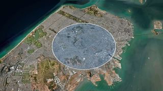 A representation on a satellite image of San Francisco of how wide iOS 14's Approximate Location casts its net.