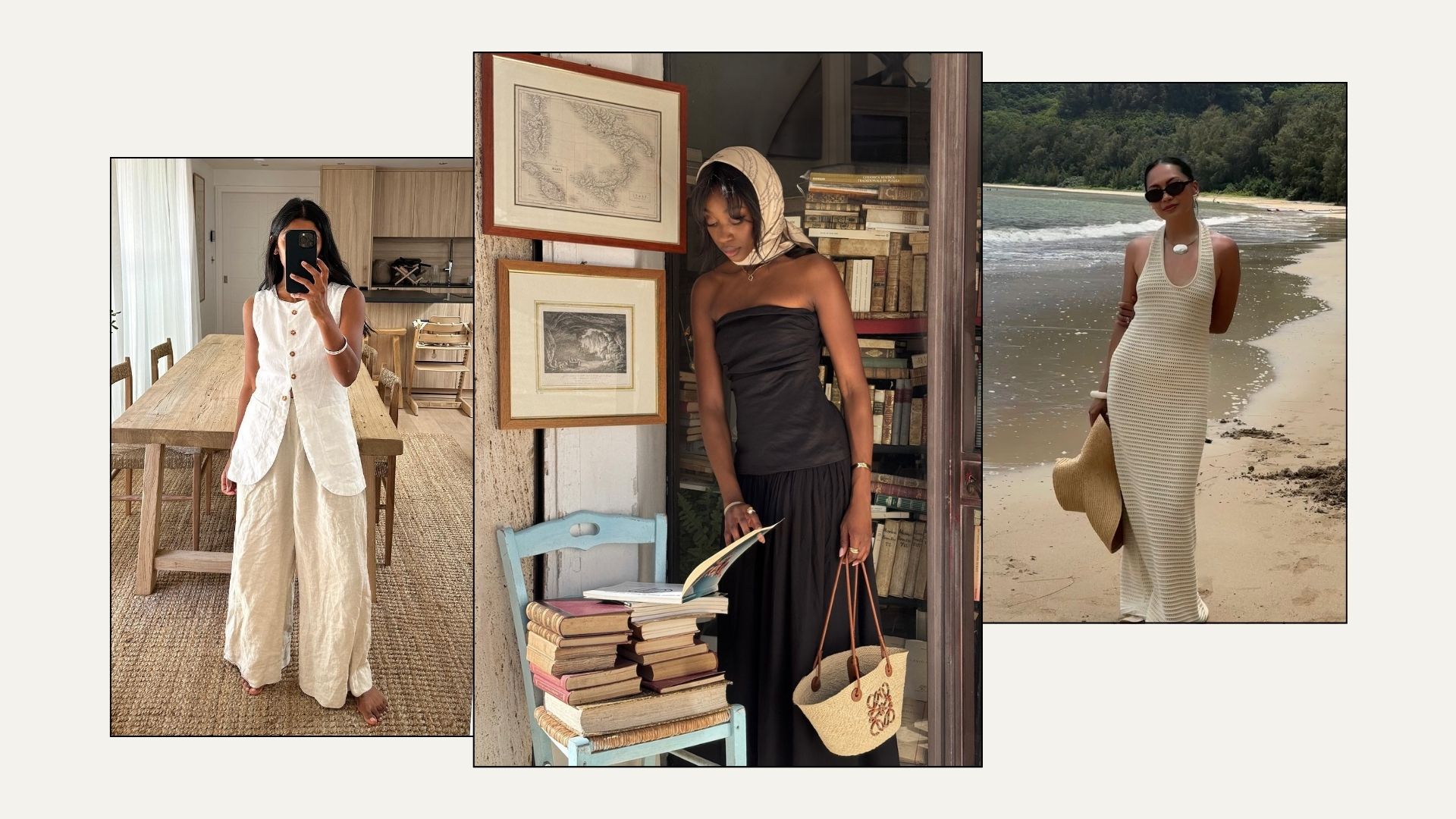 woman wears waistcoat and trousers; woman wears scarf, black dress and basket bag; woman wears knit dress and sun hat