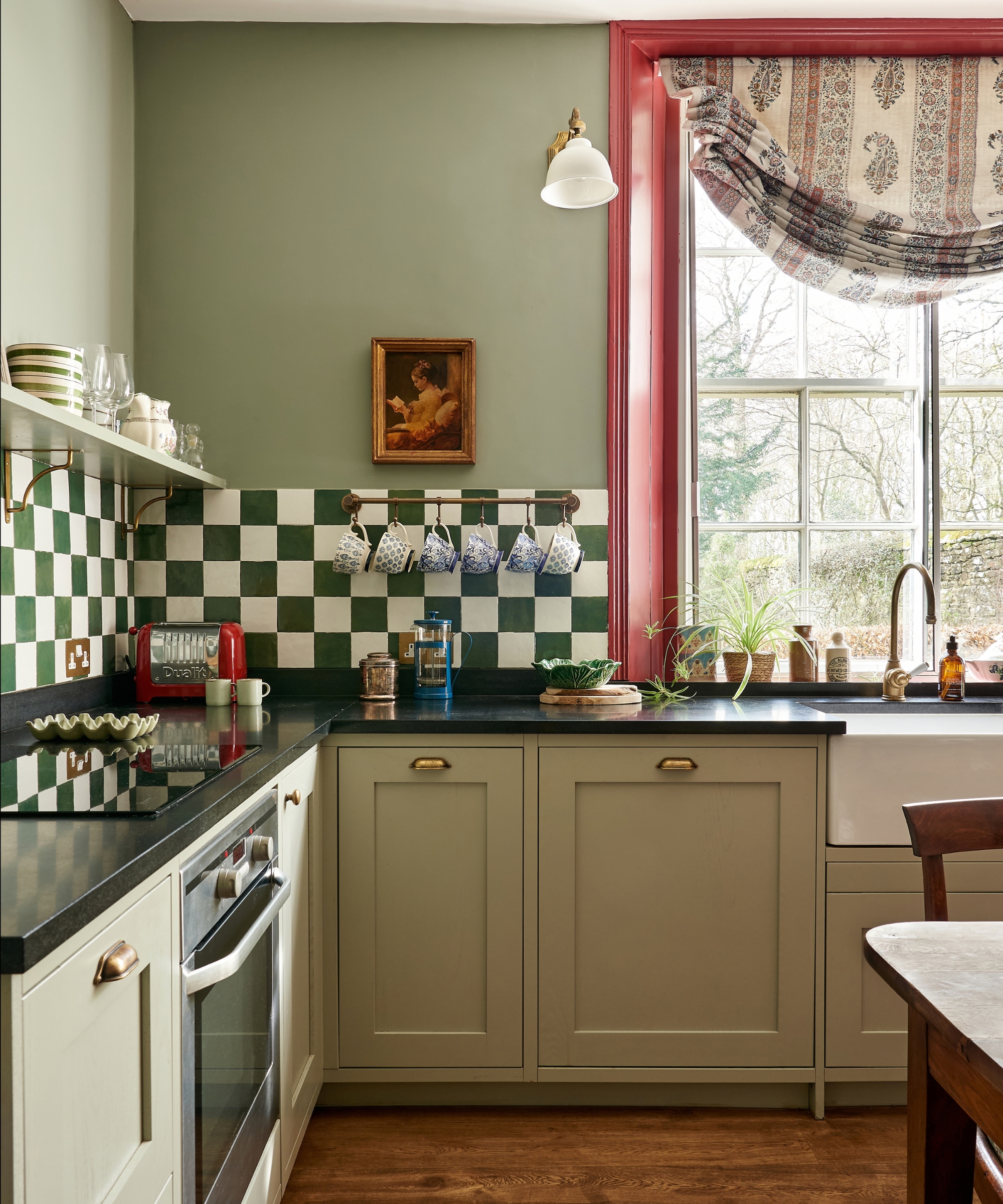 A small kitchen painted in Pigeon by Farrow &amp;amp; Ball