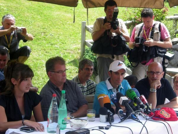 Alberto Contador speaks to the press at the Tour's first rest day in Morzine.
