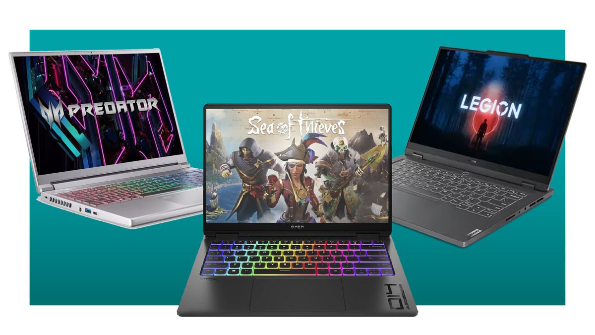 The Acer Predator, HP Omen Transcend 14 and Lenovo Legion Slim 5 on a green blue background