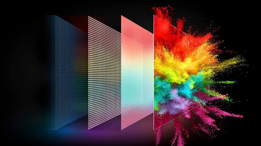 A demonstration of the layers of a TV panel, showing lights in a grid, color filtering, and then paint exploding off the screen to demonstrate the vibrant imagery