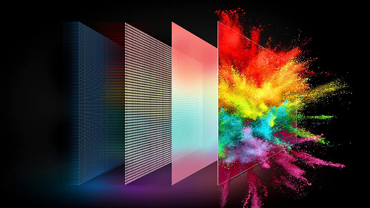 A demonstration of the layers of a TV panel, showing lights in a grid, color filtering, and then paint exploding off the screen to demonstrate the vibrant imagery
