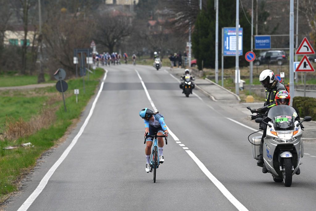 CITTIGLIO ITALY MARCH 19 Shirin Van Anrooij of The Netherlands and Team Trek Segafredo competes in the breakaway during the 24th Trofeo Alfredo BindaComune di Cittiglio 2023 Womens Elite a 139km one day race from Maccagno con Pino e Veddasca to Cittiglio UCIWWT on March 19 2023 in Cittiglio Italy Photo by Dario BelingheriGetty Images