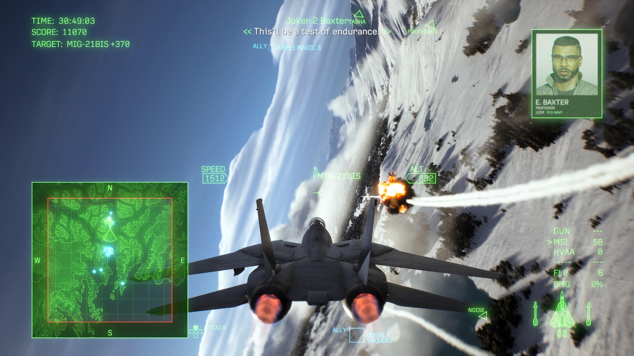 Ace Combat 8 screenshot showing a plane in flight with a missile exploding in front of it